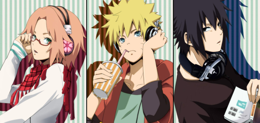 2boys, adjusting_glasses, alternate_costume, bespectacled, black_eyes, black_hair, blonde_hair, blue_eyes, book, casual, drinking, glasses, hand_on_headphones, haruno_sakura, headphones, headphones_around_neck, long_image, looking_at_viewer, multiple_boys, naruto, pink_hair, red-framed_glasses, scarf, short, short_hair, sorane, sorane38, spiked_hair, spiky_hair, striped, striped_background, team7, uchiha_sasuke, uzumaki_naruto, wide_image