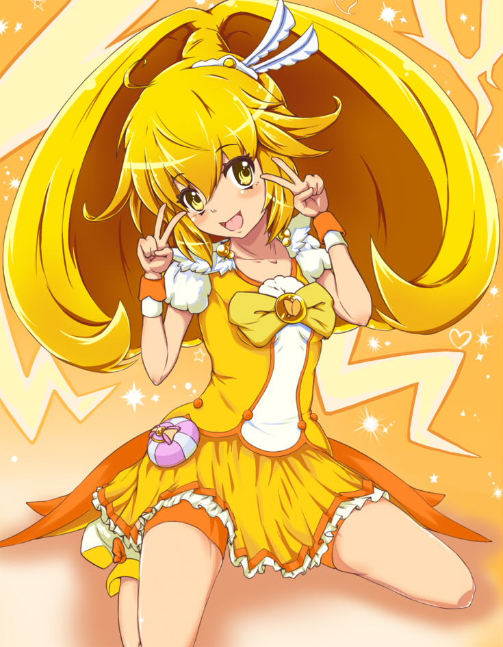 1girl, banana_(hirane1988), bike_shorts, blonde_hair, bowtie, brooch, cure_peace, double_v