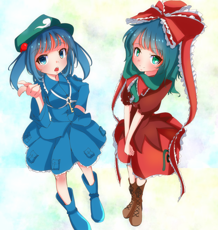 blue_eyes, blue_hair, boots, bow, colored, front_ponytail, green_eyes, green_hair