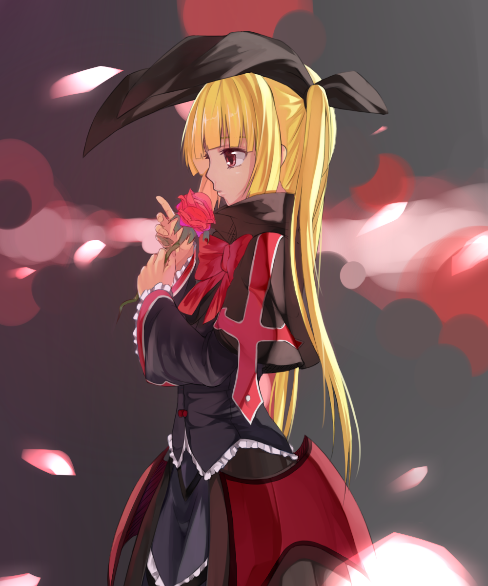 ban_(bannyata), blazblue, blonde_hair, bow, brown_eyes, dress, flower, hair_bow