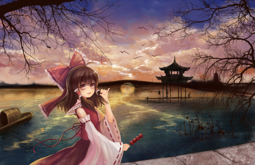 2girls, arm_up, bird, blue_sky, boat, bow, bridge, brown_hair