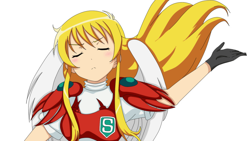 1girl, armor, blonde_hair, blush, closed_eyes, eyes_closed, hair_flip, highres