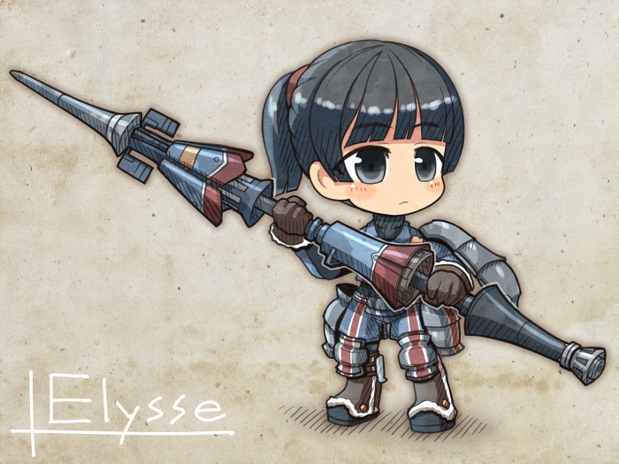 blue_eyes, blue_hair, blush, boots, chibi, crab_man, elysse_moore, gloves