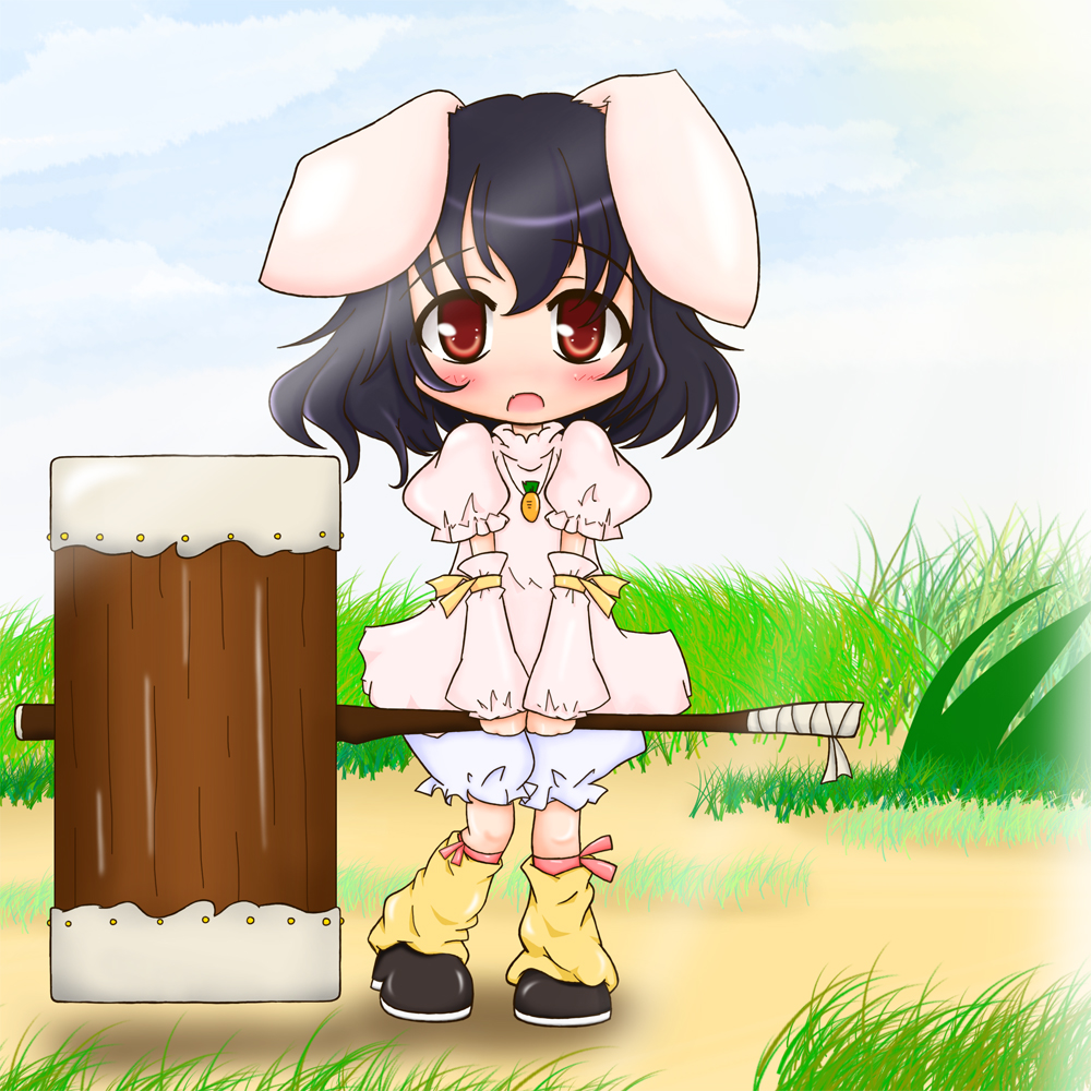 :o, animal_ears, arm_warmers, black_hair, bloomers, blue_sky, blush, bunny_ears, carrot, cloud, dress, grass, hammer, holding, inaba_tewi, jewelry, kagu8, leg_warmers, looking_at_viewer, open_mouth, pendant, pink_dress, red_eyes, ribbon, shoes, short_hair, sky, solo, touhou, v_arms