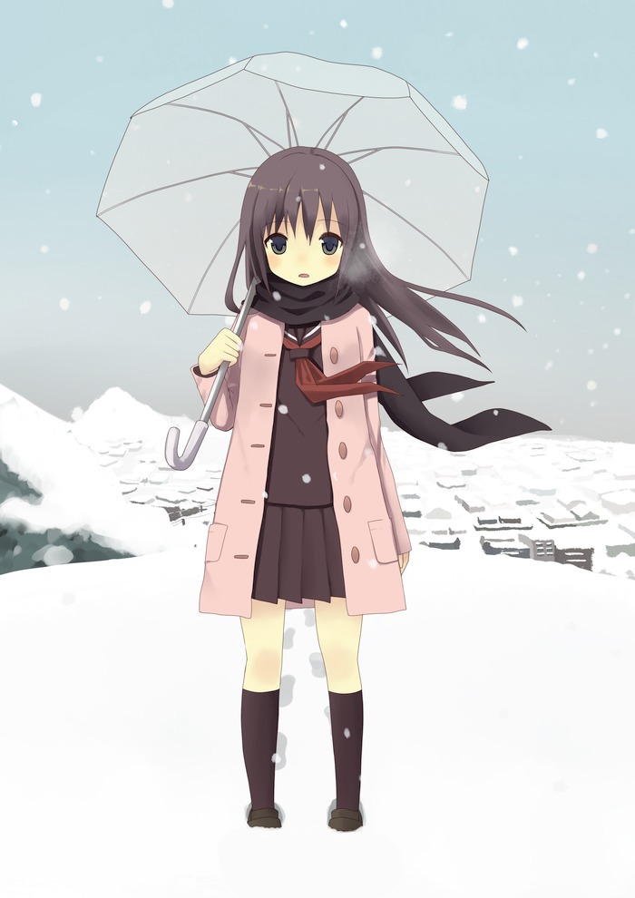 black_eyes, black_hair, breath, coat, footprints, holding, kneehighs, long_hair