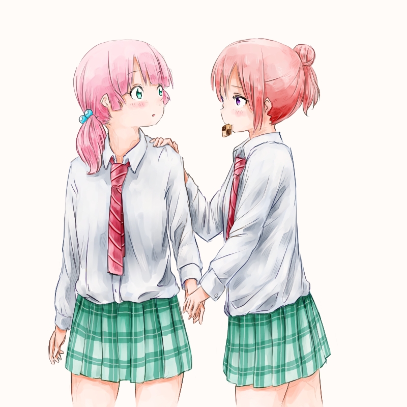 2yffmhbl, akaza_akari, aqua_eyes, cookie, food, hair_bobbles, hair_bun, hair_ornament, hand_holding, hand_on_shoulder, holding_hands, mouth_hold, multiple_girls, necktie, pink_hair, plaid, plaid_skirt, purple_eyes, red_hair, redhead, school_uniform, simple_background, skirt, syou_(endemic_species), twintails, violet_eyes, white_background, yoshikawa_chinatsu, yuri, yuru_yuri