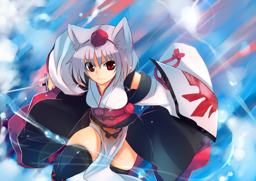 alternate_costume, animal_ears, bare_shoulders, black_legwear, detached_sleeves, hat, inubashiri_momiji, kourindou_tengu_costume