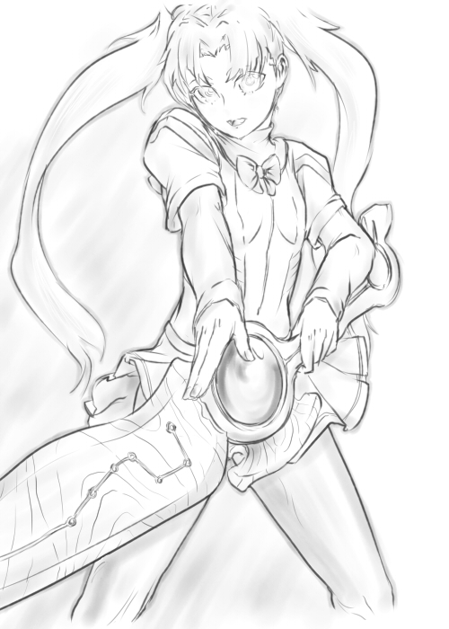 drawfag, kutuna_yui, long_hair, pantyhose, ribbon, skirt, solo, sword