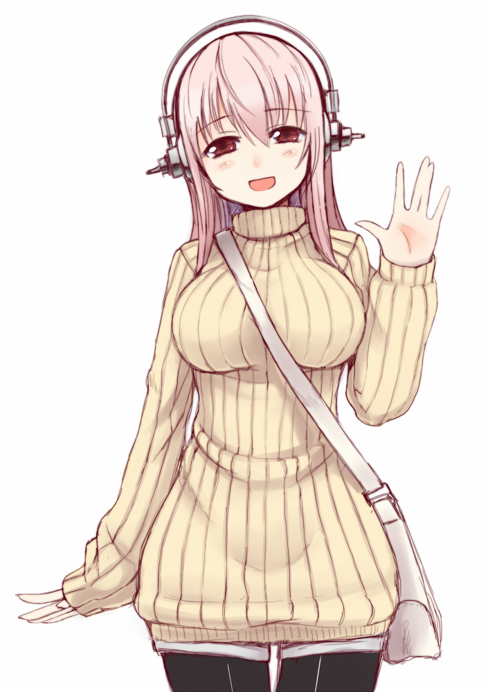 between_breasts, black_legwear, breasts, headphones, hips, kamata_yuuya, large_breasts, long_hair