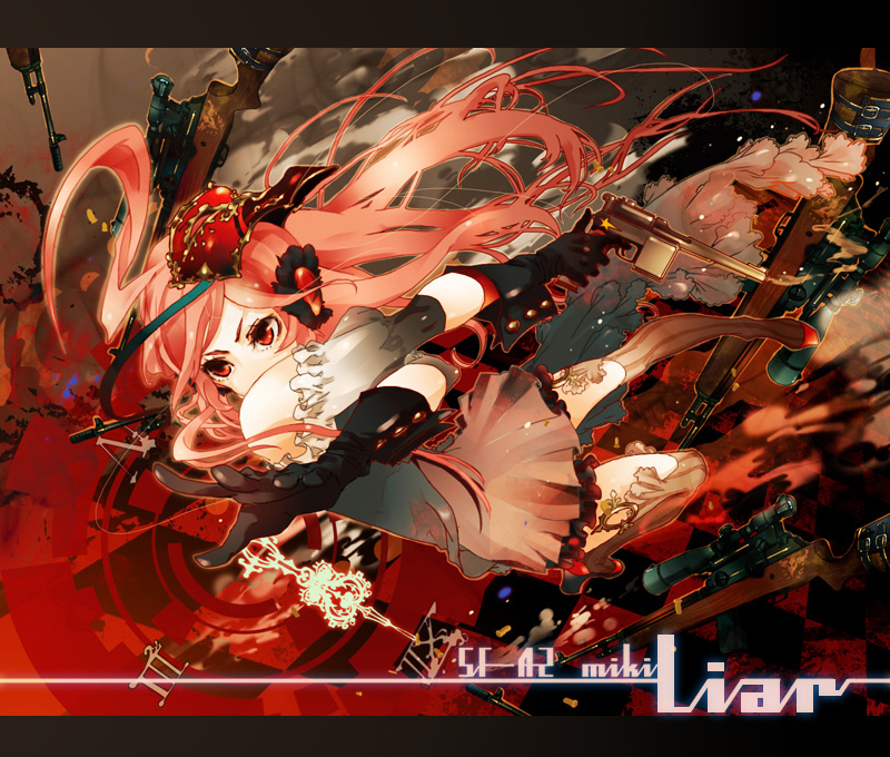 chikashige, earmuffs, gloves, gun, hair_ornament, handgun, headphones, long_hair