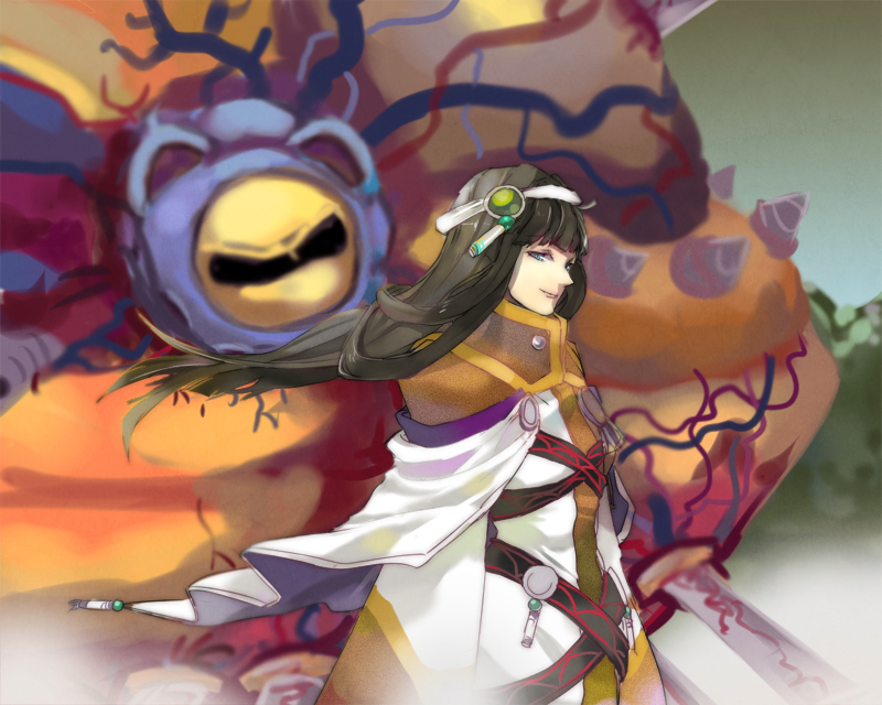 belt, black_hair, blue_eyes, cape, circlet, grandia, grandia_ii, lok-tar, long_hair, monster, robe, selene, selene_(grandia), smile, solo, sword, weapon