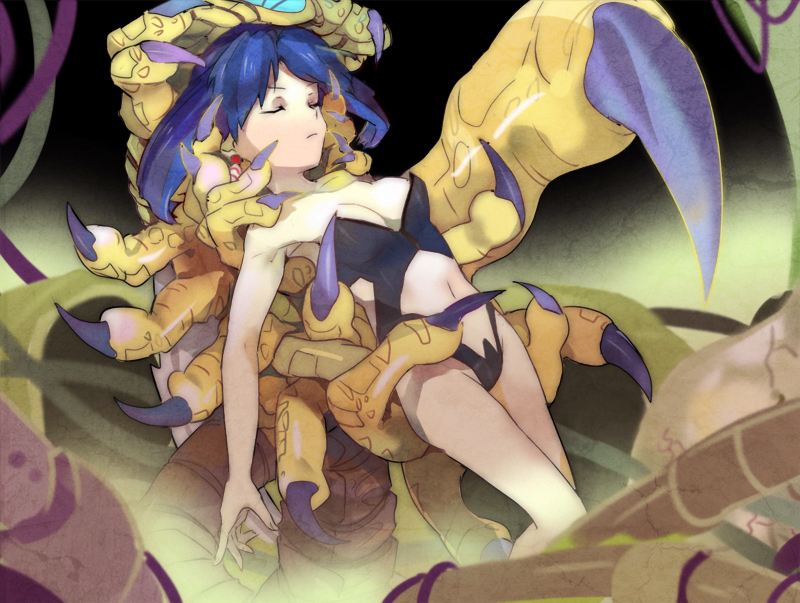 blue_hair, breasts, claws, cleavage, closed_eyes, eyes_closed, grandia, grandia_ii