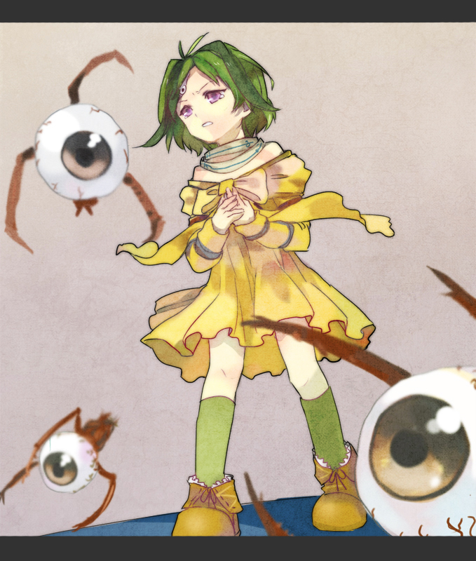 aira_(grandia_ii), bare_shoulders, dress, eyeball, grandia, grandia_ii, green_hair, green_legwear