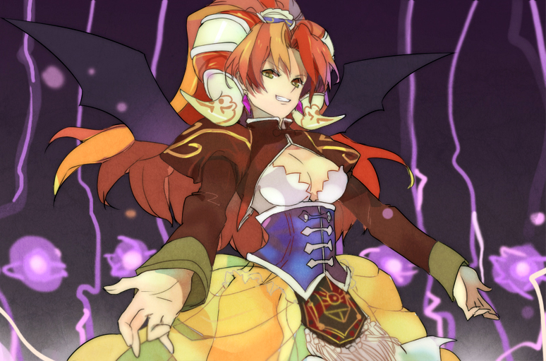 bolero, breasts, brown_eyes, corset, cropped_jacket, electricity, grandia, grandia_ii, grin, lok-tar, long_hair, millenia, orange_hair, purple_background, smile, solo, wings