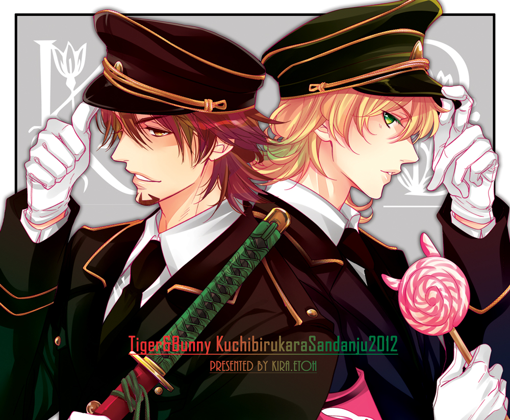 barnaby_brooks_jr, blonde_hair, brown_eyes, brown_hair, candy, etou_kira, facial_hair, glasses, gloves, hat, kaburagi_t_kotetsu, lollipop, military, military_uniform, multiple_boys, necktie, peaked_cap, sheath, sheathed, stubble, sword, tiger_&amp;_bunny, uniform, weapon, white_gloves