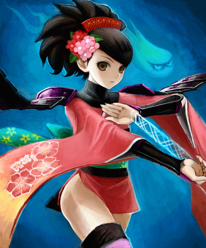 armor, bad_id, black_hair, brown_eyes, flower, hair_comb, hair_flower, hair_ornament