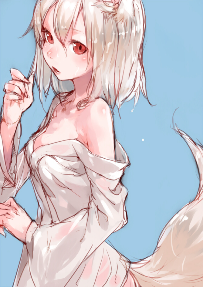 alternate_costume, animal_ears, bare_shoulders, bust, fingernails, inubashiri_momiji, long_fingernails, naked_sheet