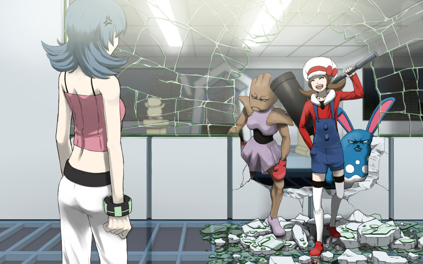 2girls, anger_vein, angry, azumarill, bad_id, bad_pixiv_id, bracelet, broken_glass