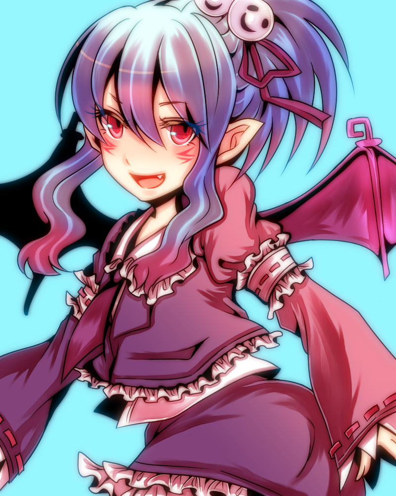 :d, alwen_du_moonbria, bat_wings, blue_background, dress, fang, hair_ornament, open_mouth