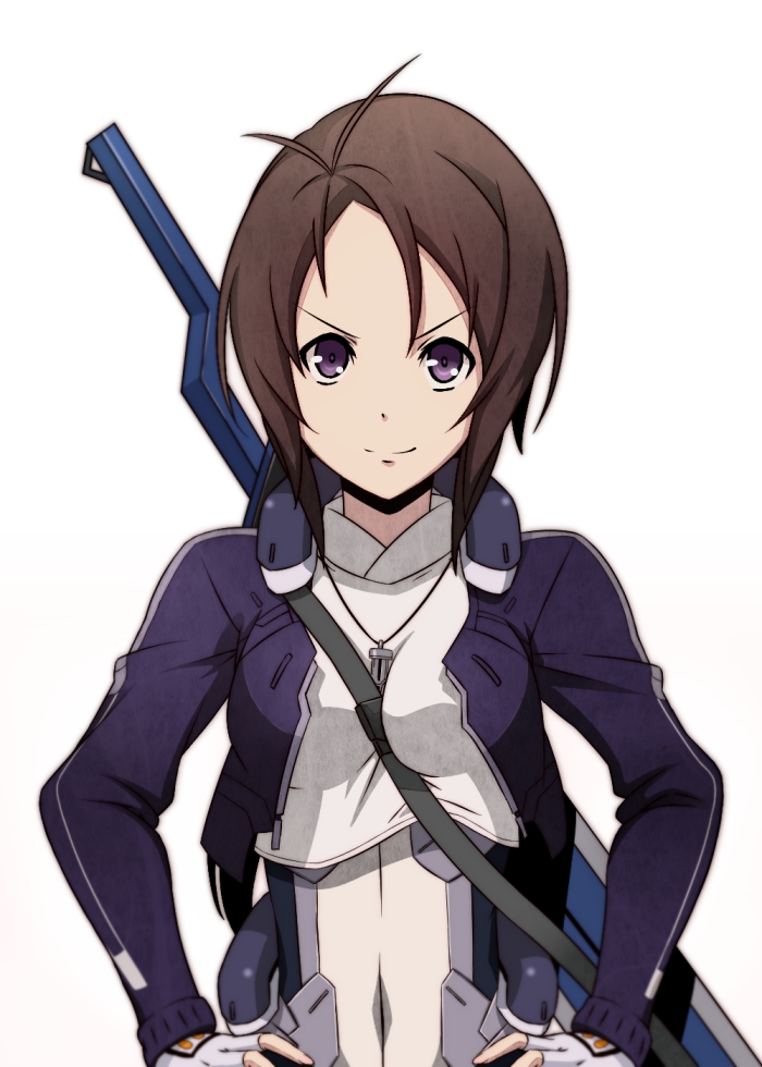 antenna_hair, brown_hair, hands_on_hips, jewelry, kyoukai_senjou_no_horizon, necklace, oriotorai_makiko, purple_eyes