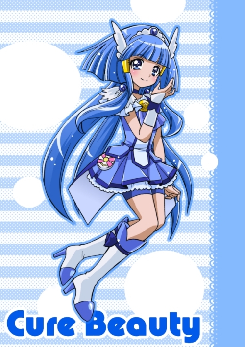 aoki_reika, bike_shorts, blue_dress, blue_eyes, blue_hair, blush, boots, brooch