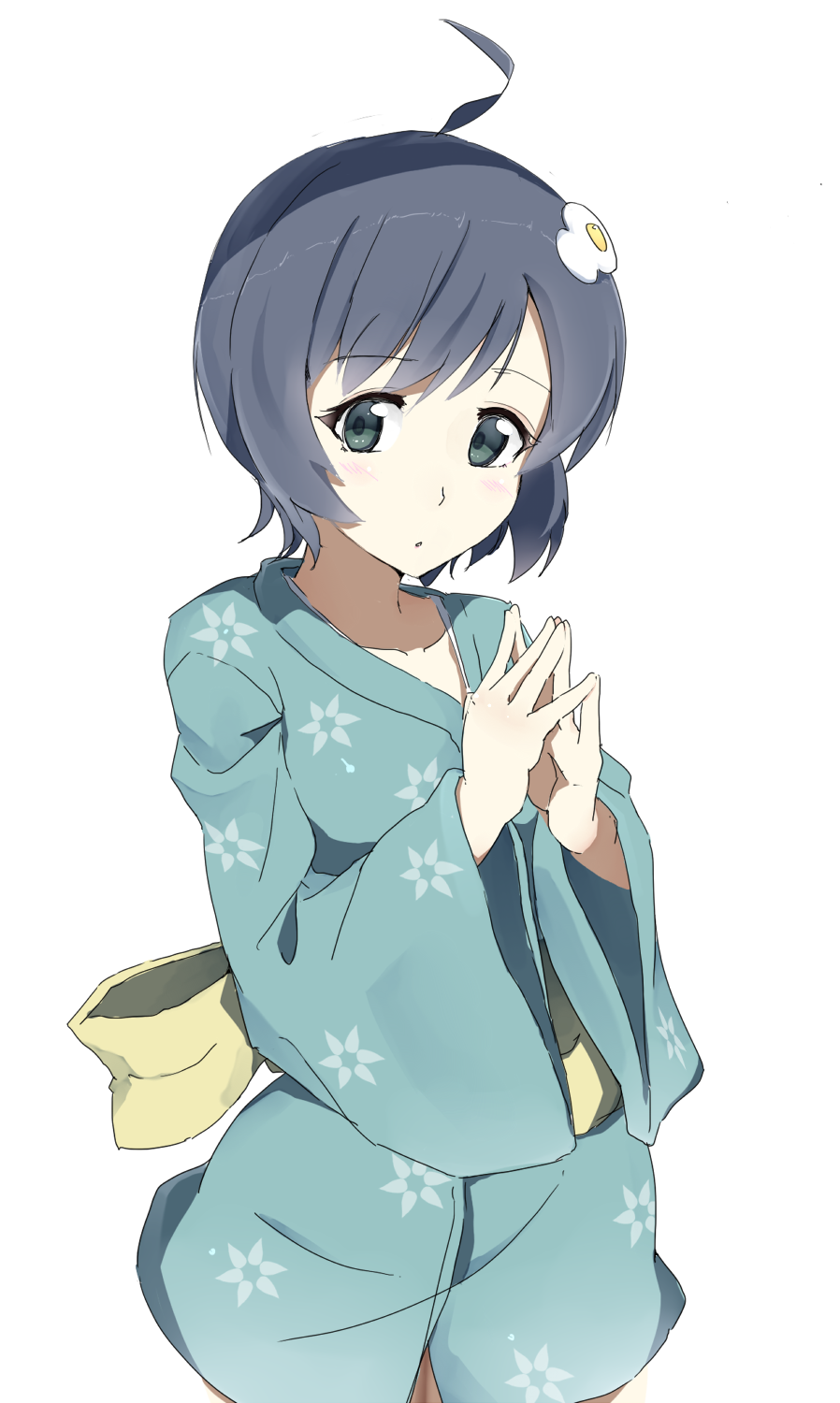 ahoge, araragi_tsukihi, bakemonogatari, blue_hair, fried_egg, green_eyes, hair_ornament, hands_together