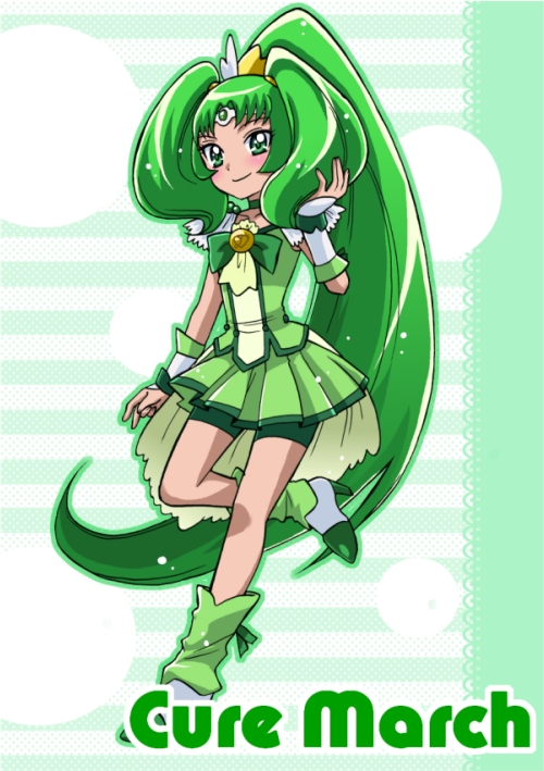 bike_shorts, bowtie, brooch, character_name, choker, circlet, cure_march, dress