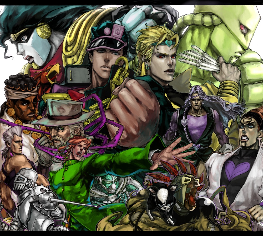 black_eyes, black_hair, blonde_hair, blue_eyes, chain, chains, clenched_hand, dio_brando