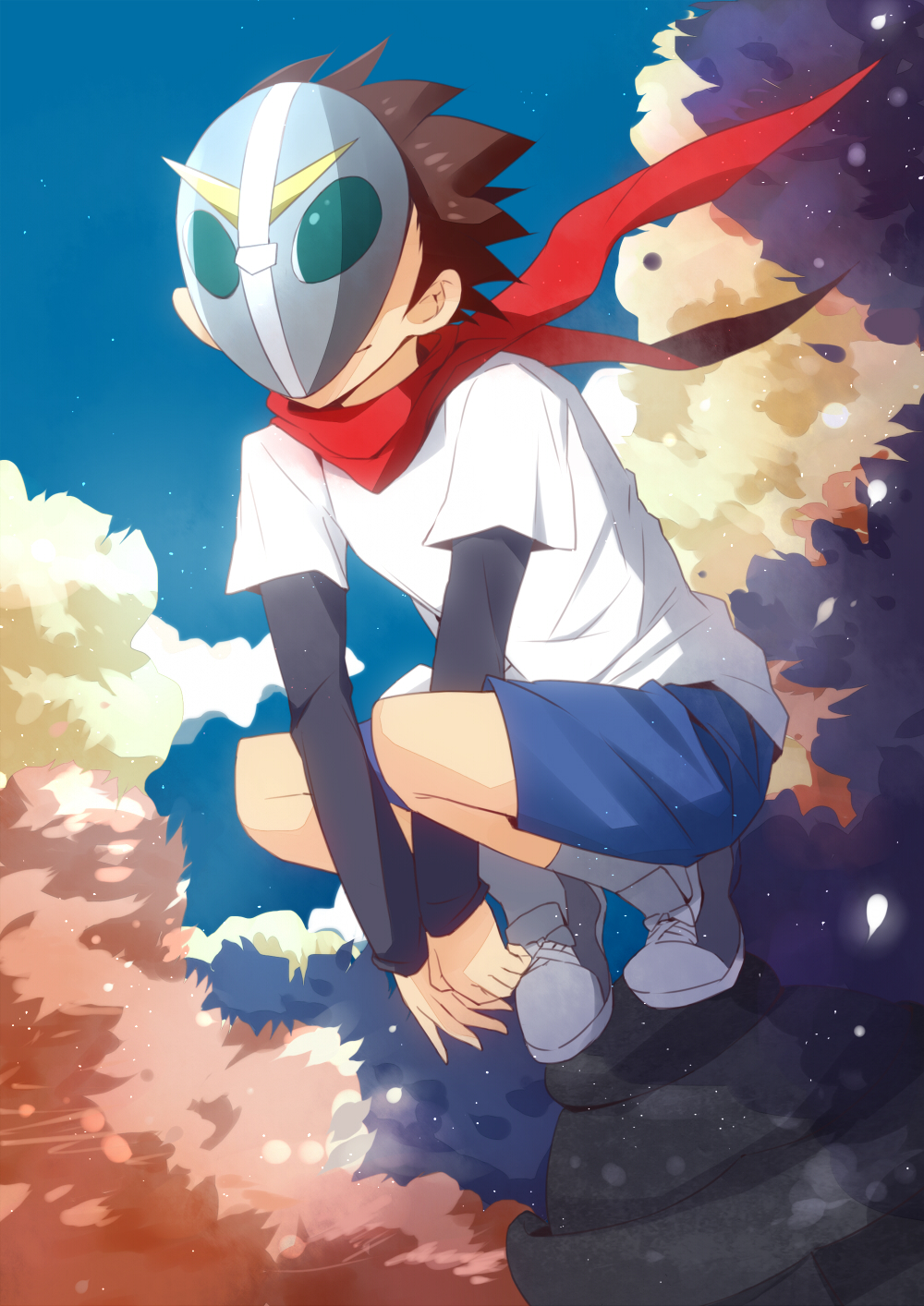 brown_hair, danshi_koukousei_no_nichijou, highres, mask, oluha, rubber_shooter, scarf, shorts