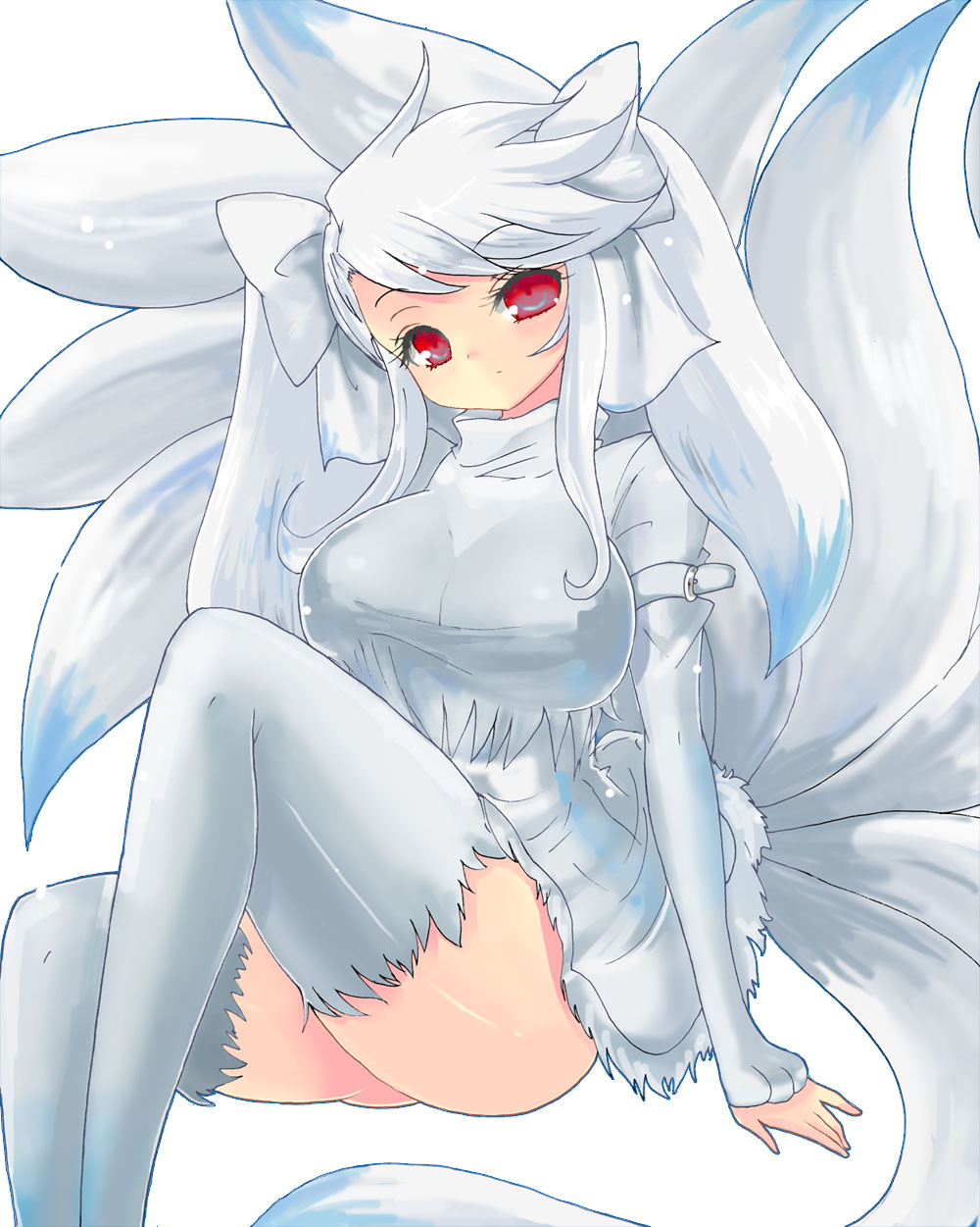 alternate_color, breasts, female, fox, hair_ornament, hair_ribbon, head_tilt, highres, huge_breasts, impossible_clothes, impossible_shirt, lap, long_hair, multiple_tails, ninetails, ninetales, personification, pokemon, pokemon_(game), pokemon_rgby, red_eyes, ribbon, shiny_pokemon, silver_hair, simple_background, sitting, skirt, solo, tail, taut_shirt, tenkyuu09, thigh-highs, thighhighs, thighs, twintails, white_background