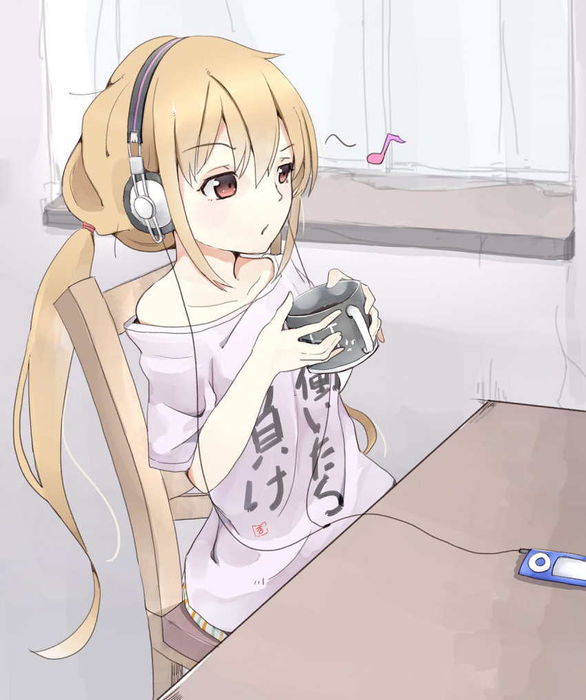 bare_shoulders, blonde_hair, chair, clothes_writing, cup, curtains, digital_media_player, futaba_anzu