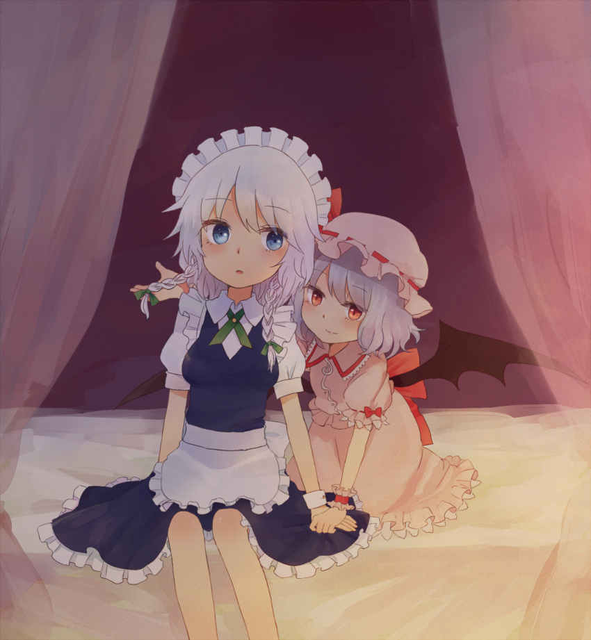 apron, bat_wings, bed, blue_dress, blue_eyes, blue_hair, braid, canopy_bed