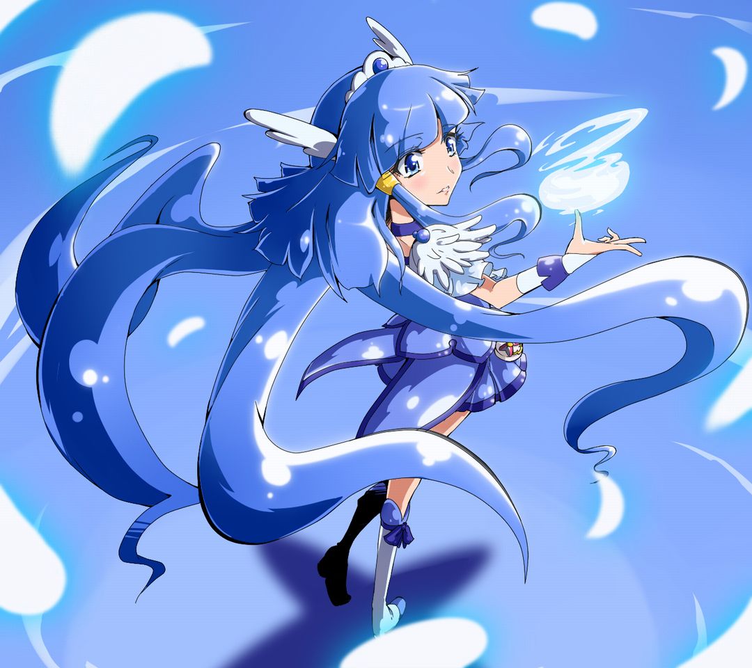aoki_reika, blue, blue_background, blue_dress, blue_eyes, blue_hair, boots, choker