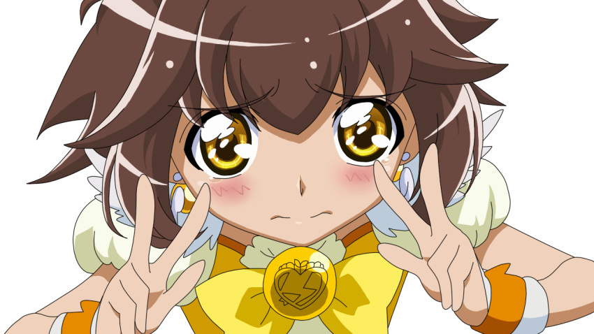 akimitou, blush, bowtie, brooch, brown_hair, cosplay, cure_peace, cure_peace_(cosplay)