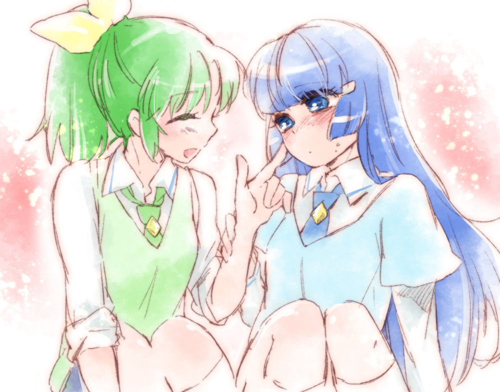 aoki_reika, blue_eyes, blue_hair, blush, bow, closed_eyes, eyes_closed, hair_bow