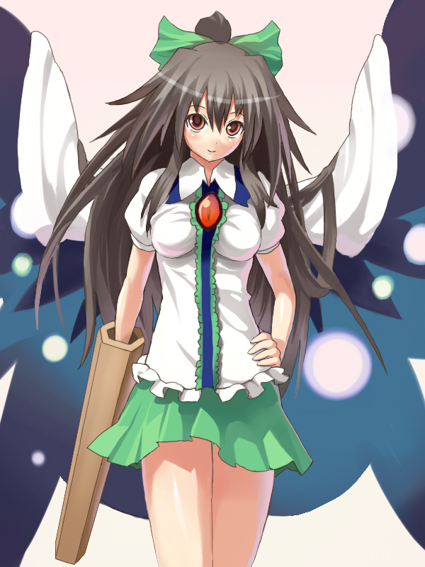 bow, cape, hair_bow, hand_on_hip, long_hair, okaki, orange_eyes, reiuji_utsuho