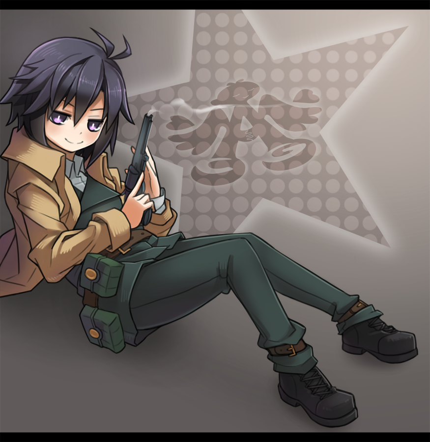 antenna_hair, belt, belt_pouch, black_hair, boots, formal, gun, idolmaster