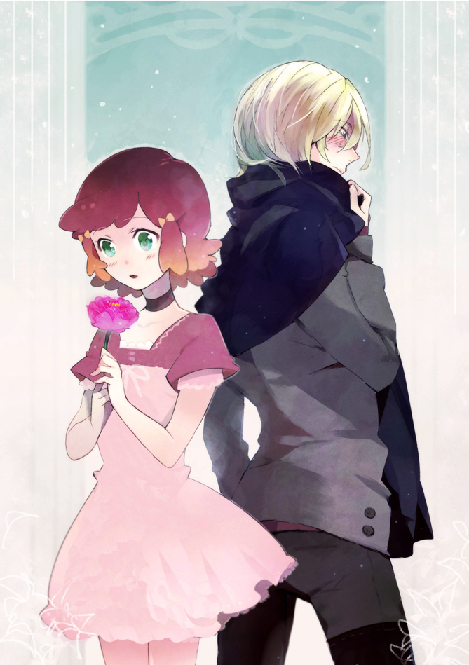 aquarion_evol, bad_id, blonde_hair, blush, casual, dress, flower, gradient_hair