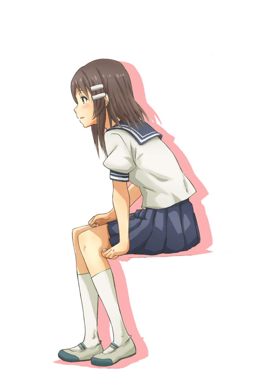 blush, brown_eyes, brown_hair, character_request, hair_ornament, hairclip, highres, kneehighs