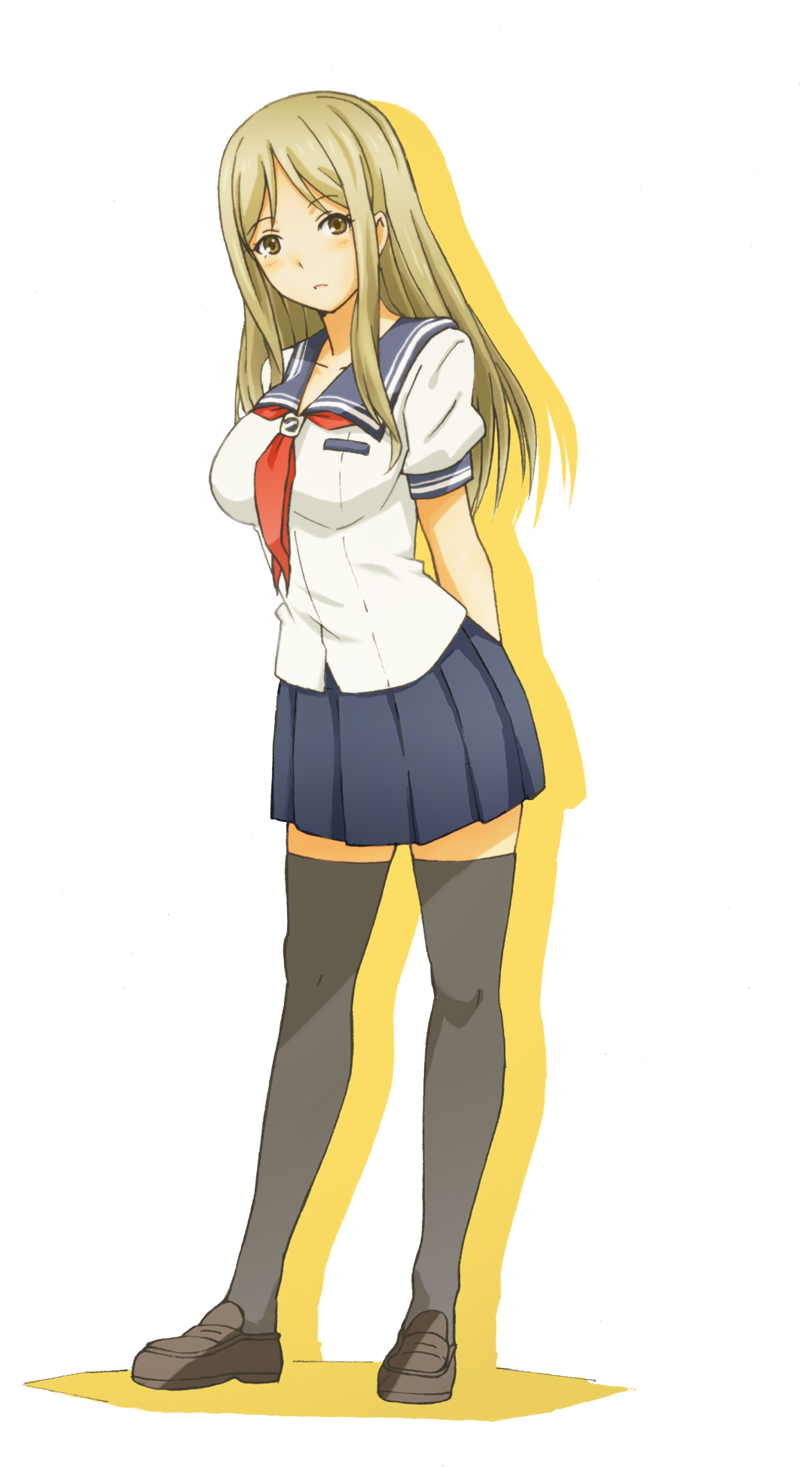 arms_behind_back, black_legwear, blonde_hair, blush, brown_eyes, brown_hair, character_request, highres