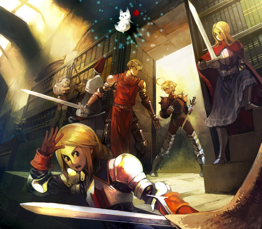 3girls, agrias_oaks, ahoge, archer_(fft), armor, arrow, battle, black_mage