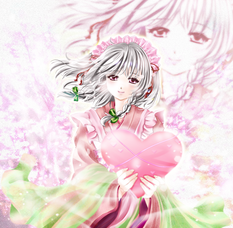 alternate_costume, bow, braid, dress, fingernails, frills, gatsukyo_saki, hair_bow, hair_ribbon, heart, holding, holding_gift, izayoi_sakuya, japanese_clothes, kimono, light_particles, lips, long_sleeves, looking_at_viewer, maid_headdress, pink, pink_background, pink_dress, projected_inset, purple_eyes, ribbon, smile, solo, touhou, tsukiori_sasa, twin_braids, violet_eyes, white_hair, wide_sleeves, wind, zoom_layer