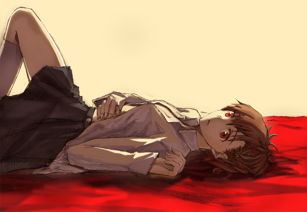 dress_shirt, female_protagonist_(persona_3), lying, on_back, persona, persona_3, persona_3_portable, red