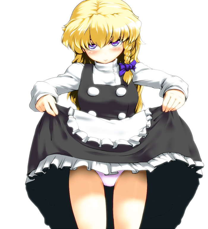 blonde_hair, blush, byoin, dress, dress_lift, kirisame_marisa, long_hair, panties, pink_panties, purple_eyes, simple_background, smile, solo, touhou, underwear, violet_eyes, white_background
