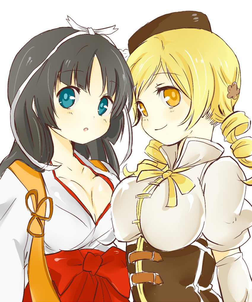 asymmetrical_docking, black_hair, blonde_hair, blue_eyes, breast_press, breasts, cleavage, corset