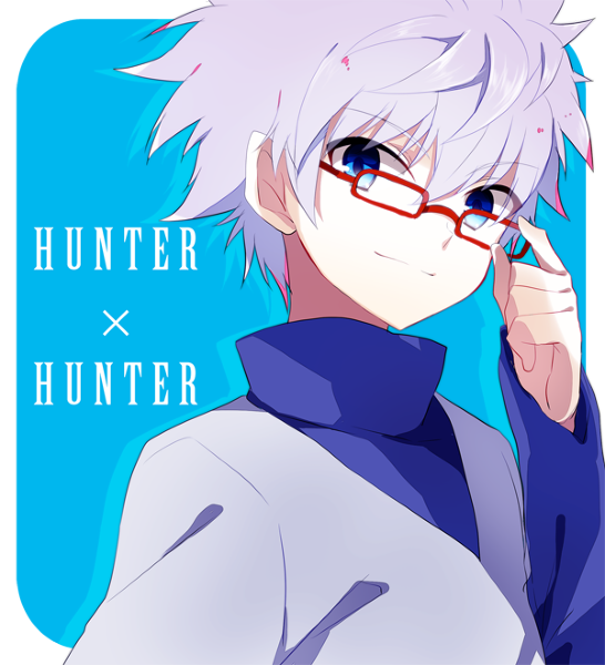 adjusting_glasses, bad_id, blood, blood_on_hair, blue_background, blue_eyes, bust, glasses