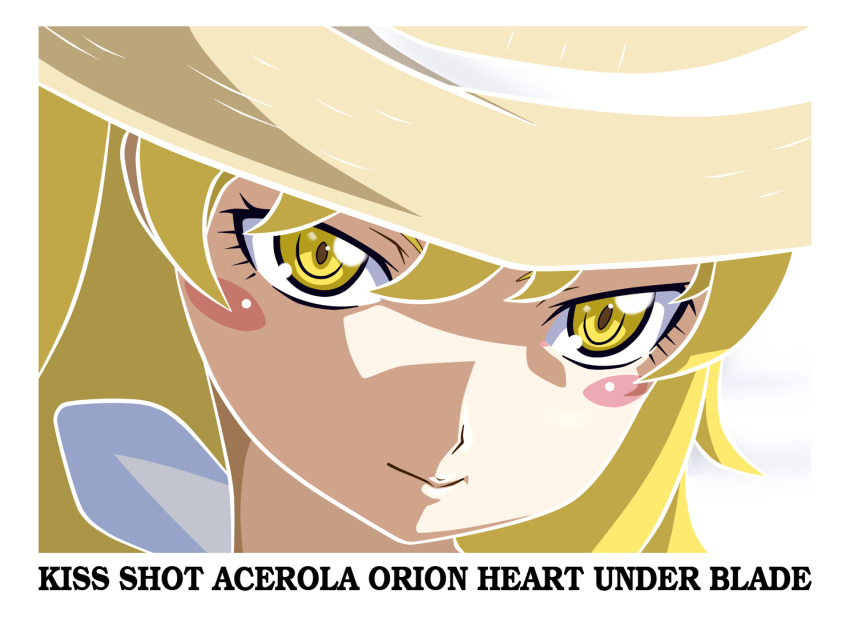 blonde_hair, blush_stickers, character_name, endou_shin, face, flat_color, hat, kissshot_acerolaorion_heartunderblade