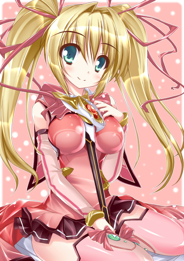 aosi_(wasabiranzy), between_breasts, blonde_hair, blue_eyes, blush, breasts, detached_sleeves, hair_ribbon