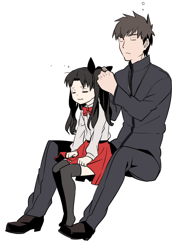 1girl, black_hair, black_legwear, bow, brown_hair, child, closed_eyes, eyes_closed, fate/zero, fate_(series), hair_ribbon, kotomine_kirei, long_hair, mattaku_da, ribbon, simple_background, sitting, sitting_on_lap, sitting_on_person, thigh-highs, thighhighs, tohsaka_rin, toosaka_rin, twintails, tying_hair, wavy_mouth, white_background, young