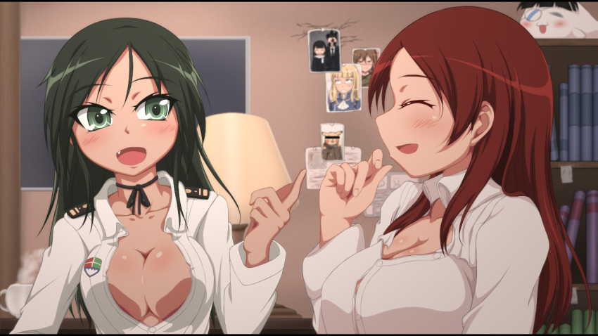 adult, black_hair, blonde_hair, breasts, brown_hair, censored, cleavage, fang, francesca_lucchini, gertrud_barkhorn, green_eyes, hijikata_keisuke, identity_censor, large_breasts, minna-dietlinde_wilcke, monizumi_ishikawa, multiple_girls, open_clothes, open_shirt, perrine_h_clostermann, photo, photo_(object), pikachu, pokemon, red_hair, redhead, sakamoto_mio, strike_witches
